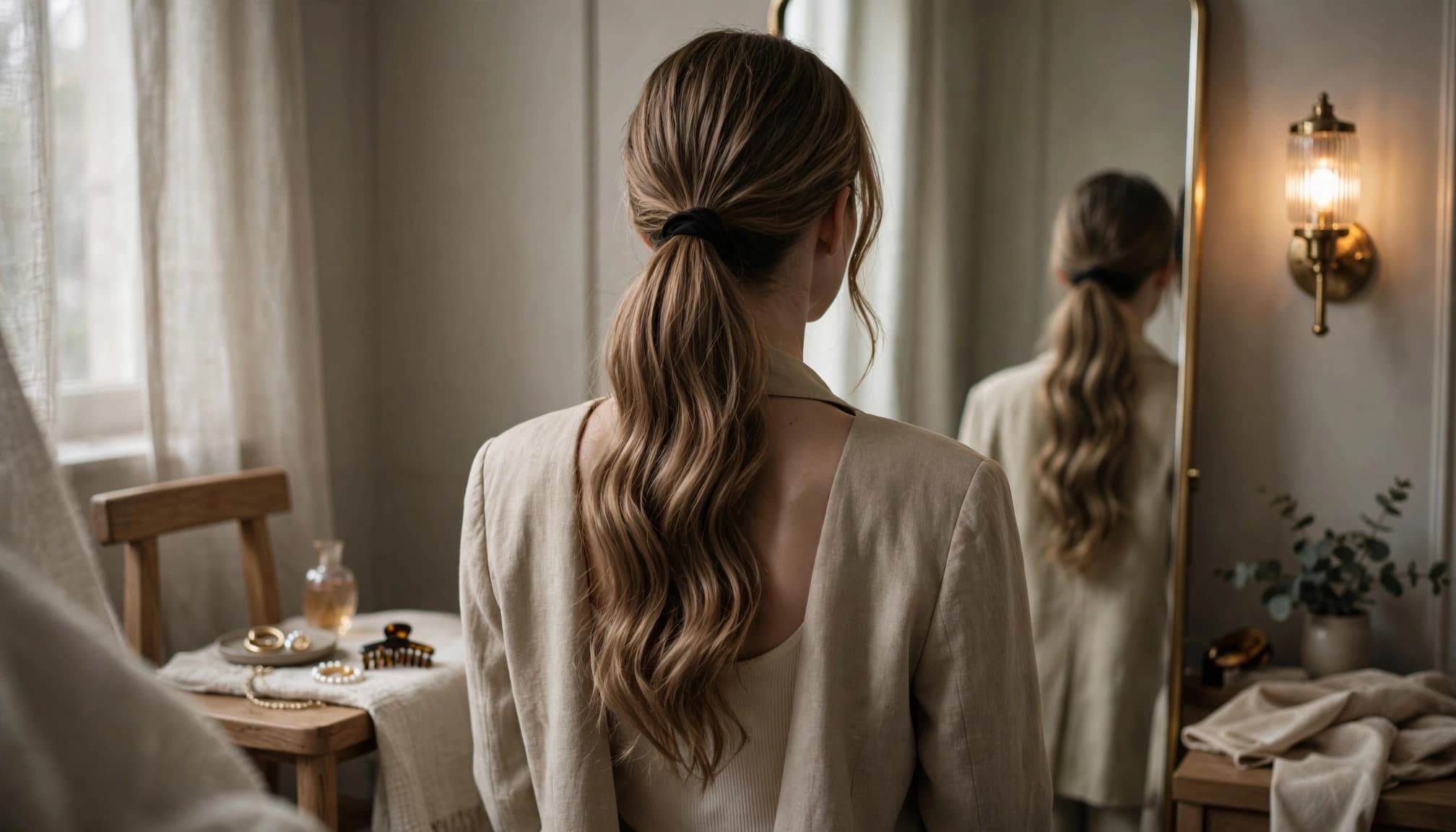 A woman seen from behind with a long, wavy ponytail in a dressing room.