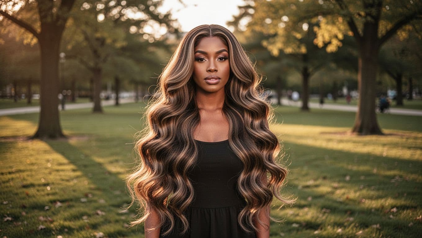 Woman with long wavy hair extensions standing in a park at golden hour.