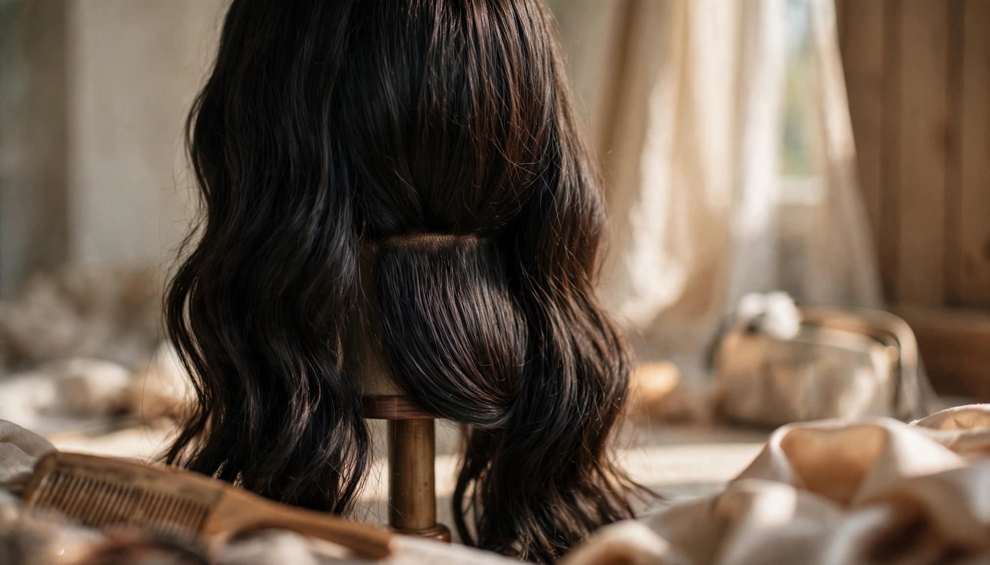 A dark wavy wig on a stand beside a comb and satin scarf.