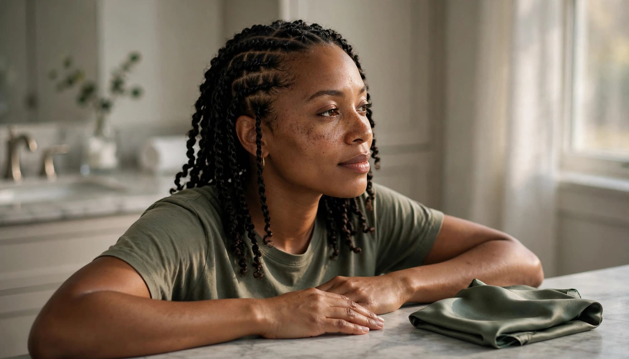 A woman with loose flat twists stands beside a bathroom counter with a satin scarf.