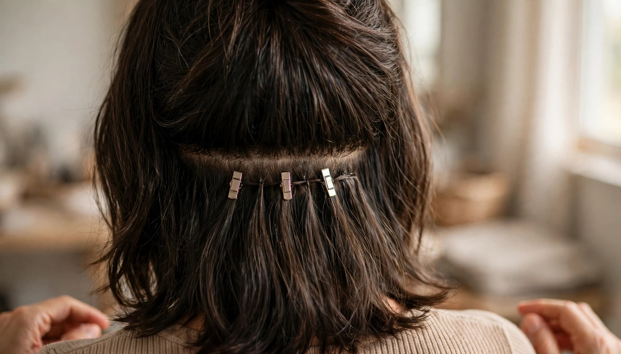 A woman viewed from behind shows one hair weft clipped below a horizontal part.