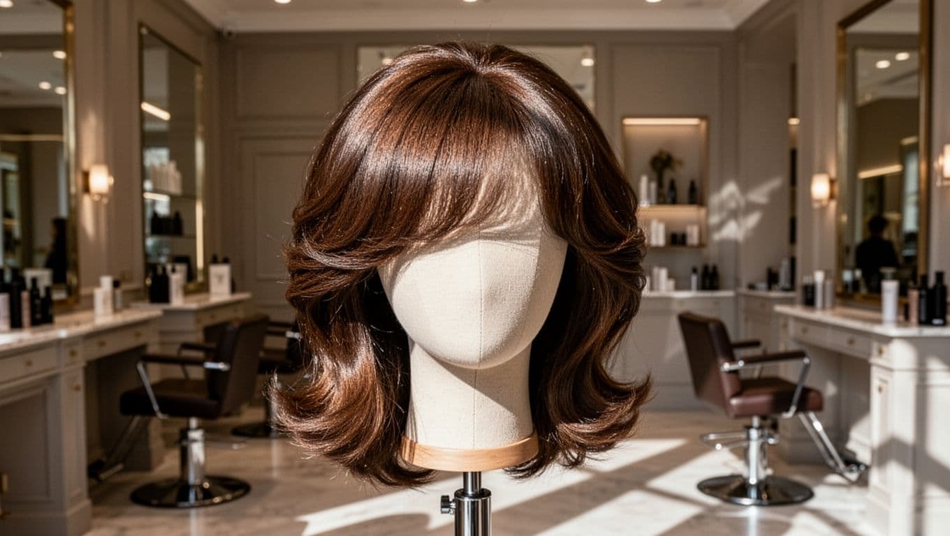 Glossy human hair wig with defined waves on a mannequin head in a bright salon.