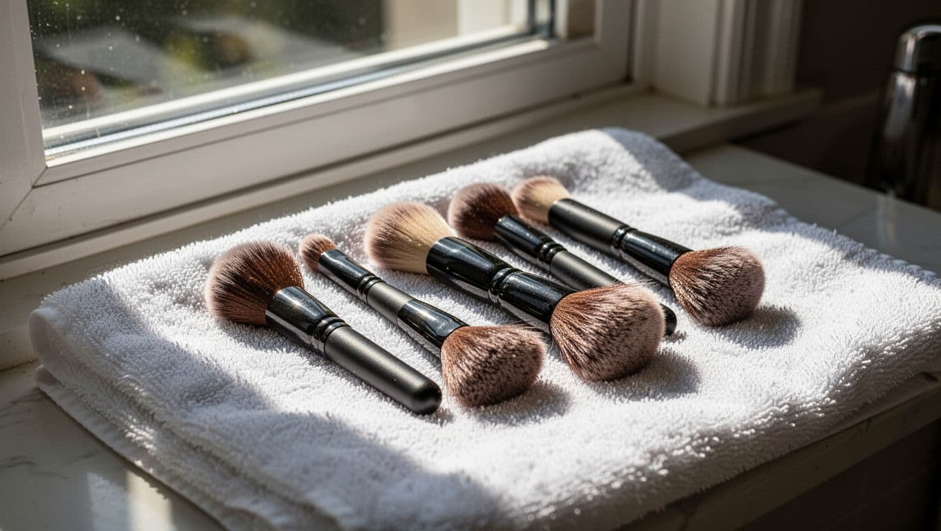 Clean makeup brushes drying flat on a white towel by a sunny window.