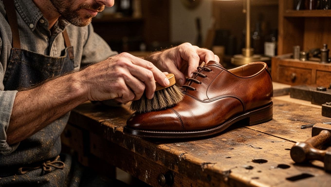 A man brushes a brown leather dress shoe on a wooden workbench.