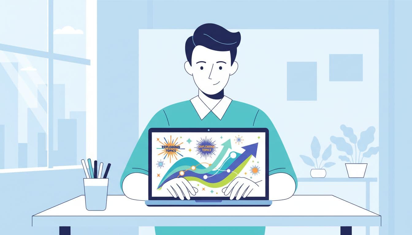 A focused marketer sits at a modern desk in a bright office, examining a laptop screen with colorful rising trend graphs and exploding topics charts.