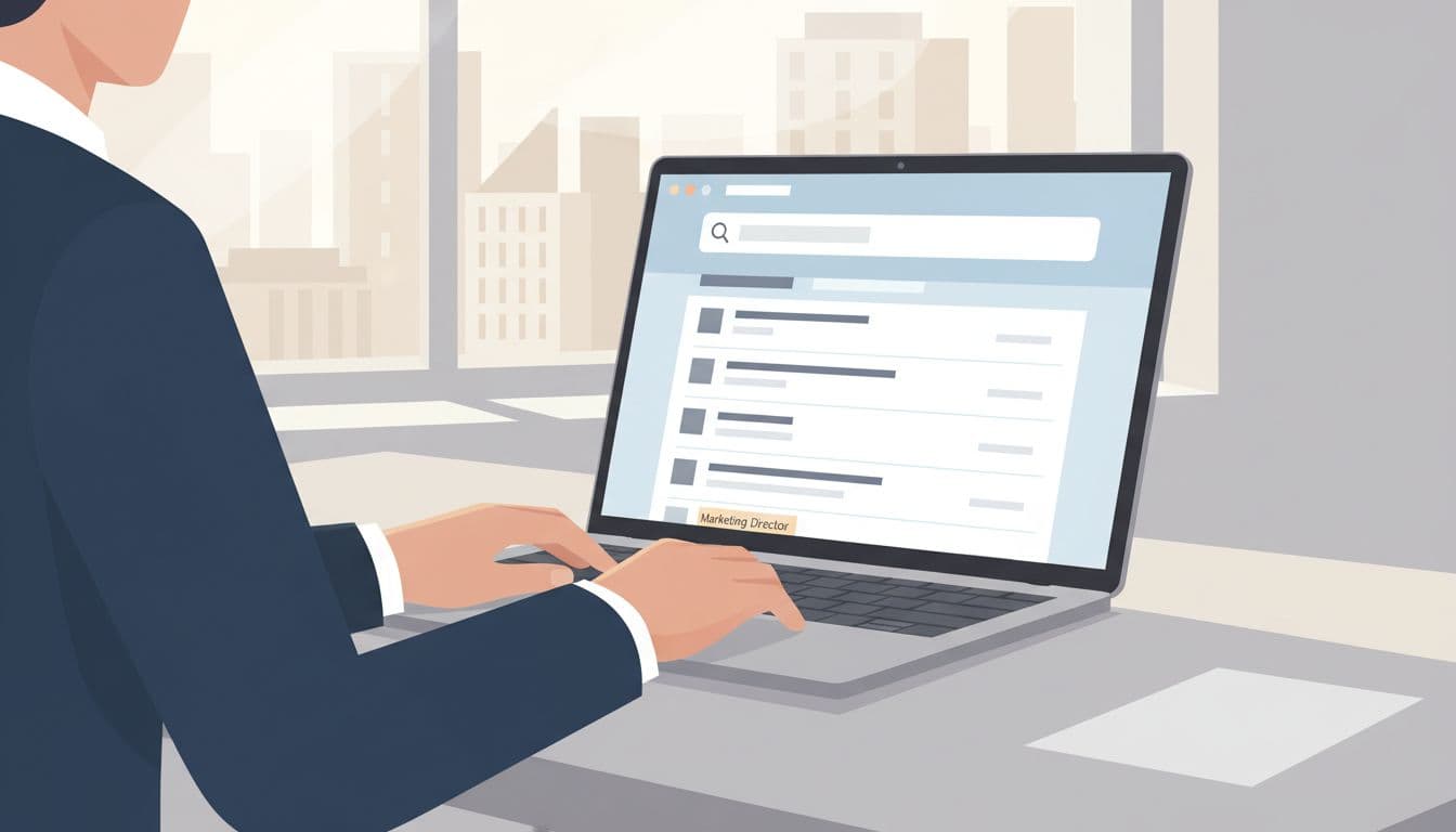 Modern illustration of exactly one marketer at a modern desk with laptop open to Hunter.io interface showing domain search for a company and results for marketing director, office window background, focused on screen and hands resting nearby, soft natural lighting.