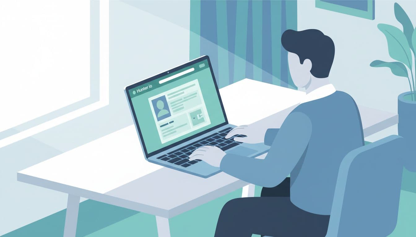 Modern illustration of a marketer at an office desk using a laptop to search a company domain on Hunter.io for email addresses, featuring clean shapes, blue and green palette, and soft lighting.