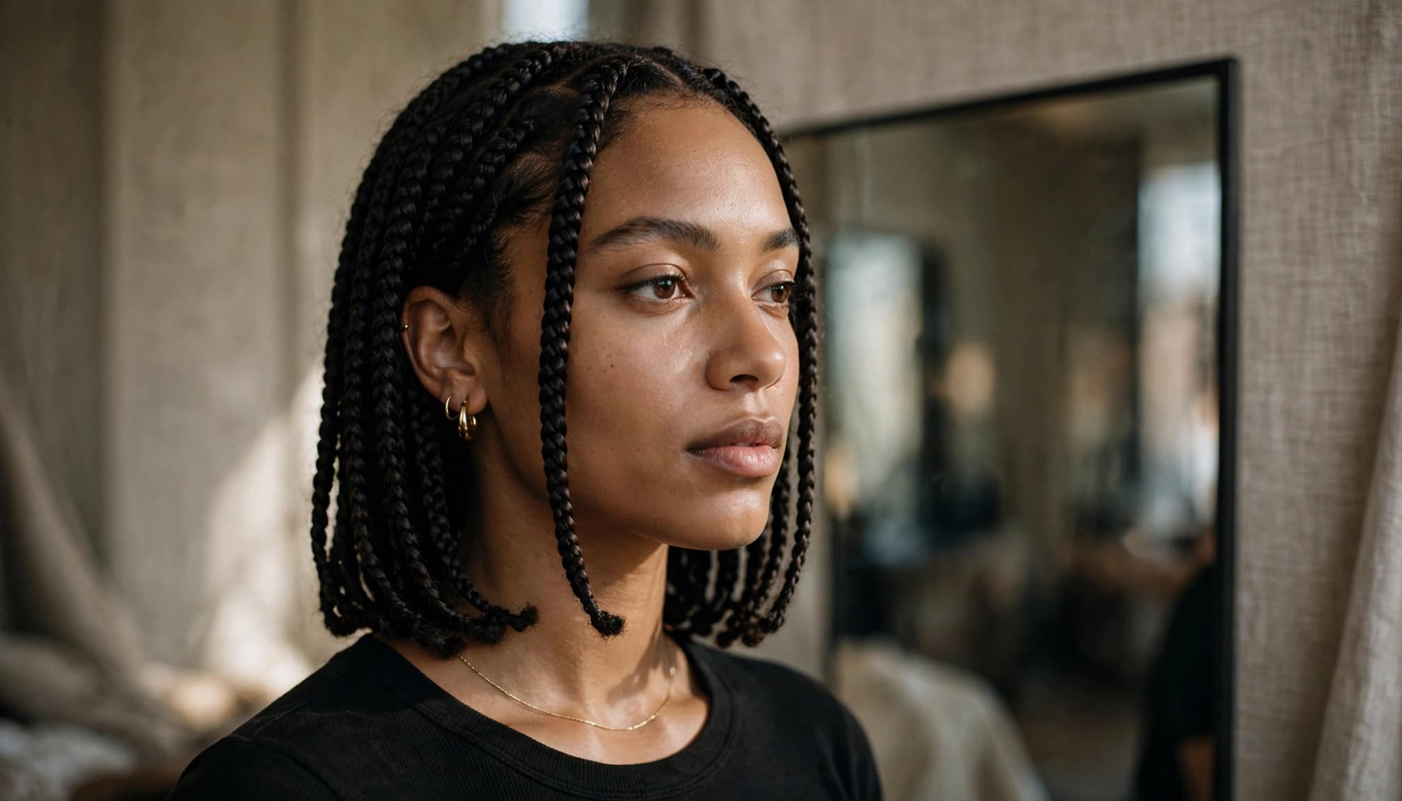 A woman with medium box braids wears small gold hoops and a delicate necklace.