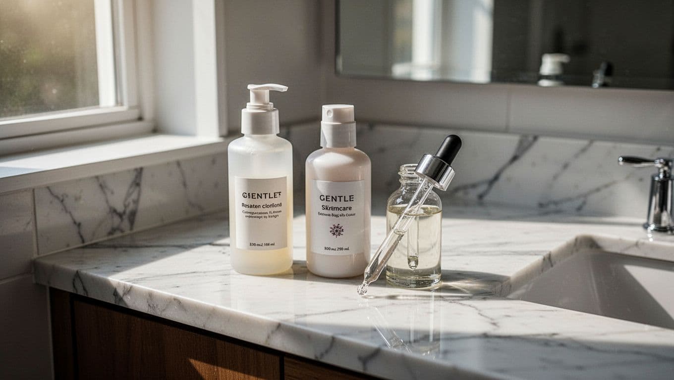 Skincare bottles and a glass dropper arranged on a sunlit marble countertop.