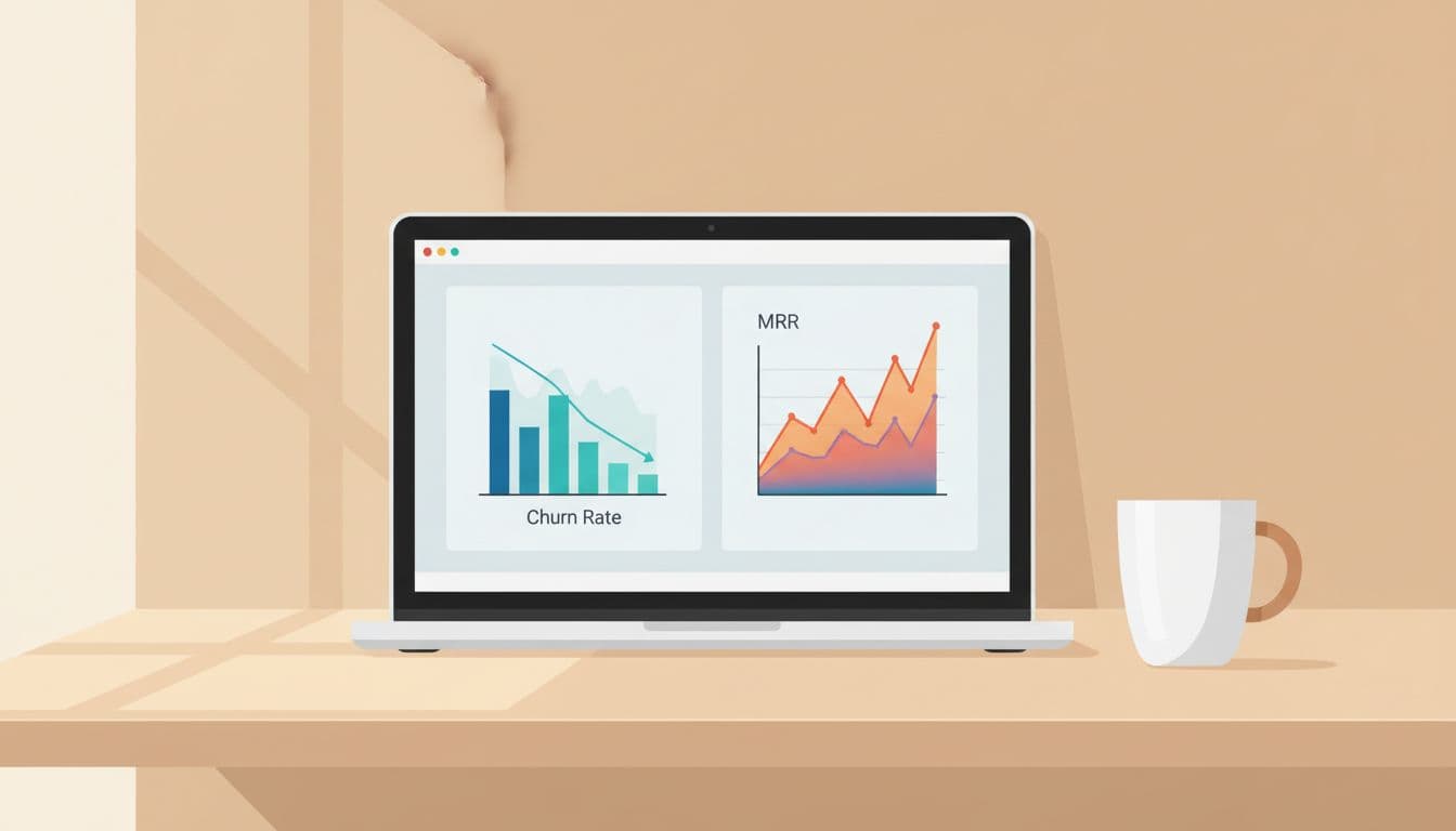 Clean illustration of a SaaS analytics dashboard on a laptop screen showing churn rate charts and MRR graphs in a bright modern workspace with coffee mug and soft natural light.