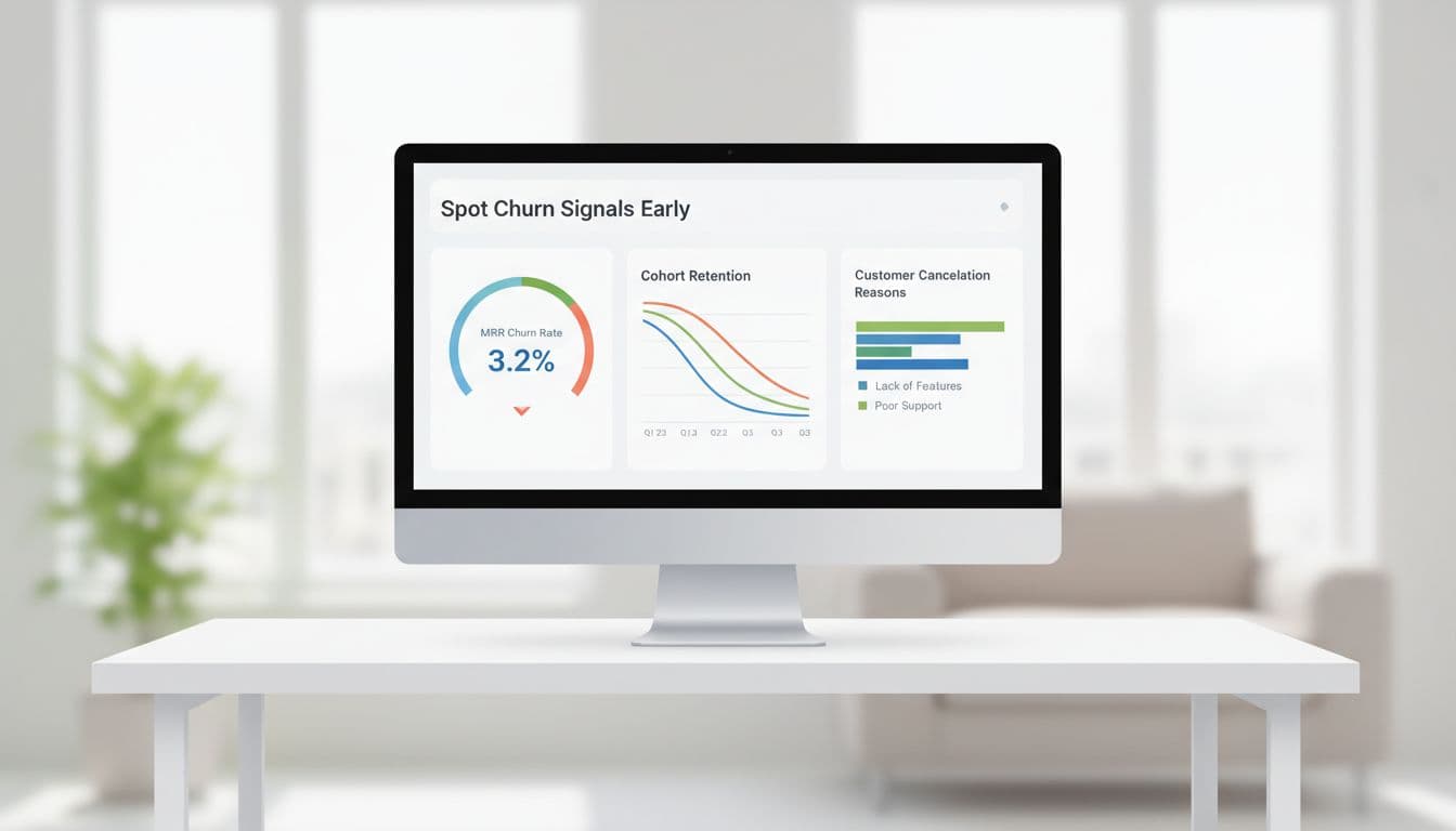 Illustration of a clean SaaS dashboard on a laptop screen displaying churn metrics like MRR churn rate, cohort retention curves, and cancellation reasons in a bright office with soft lighting.