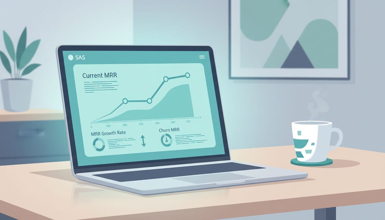 Modern illustration of a SaaS dashboard screen on a laptop showing MRR metrics and growth charts, placed on a clean office desk with a coffee mug nearby. Features clean shapes, blues and greens color palette, soft lighting, and a strong focus on the glowing screen.