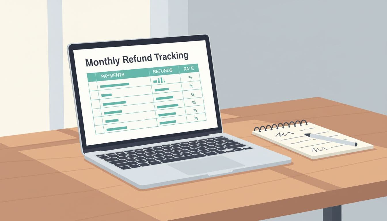 Modern illustration of a laptop displaying a simple monthly refund tracking table on a desk with notebook and pen under soft window light.