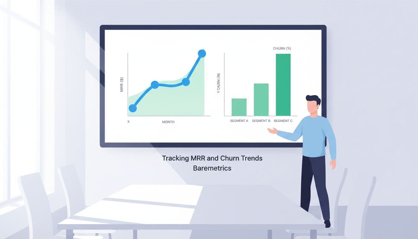 Modern illustration featuring a line graph of upward MRR growth over months and a bar chart of customer churn by segment on a large monitor in a bright conference room, with one analyst pointing at the screen.