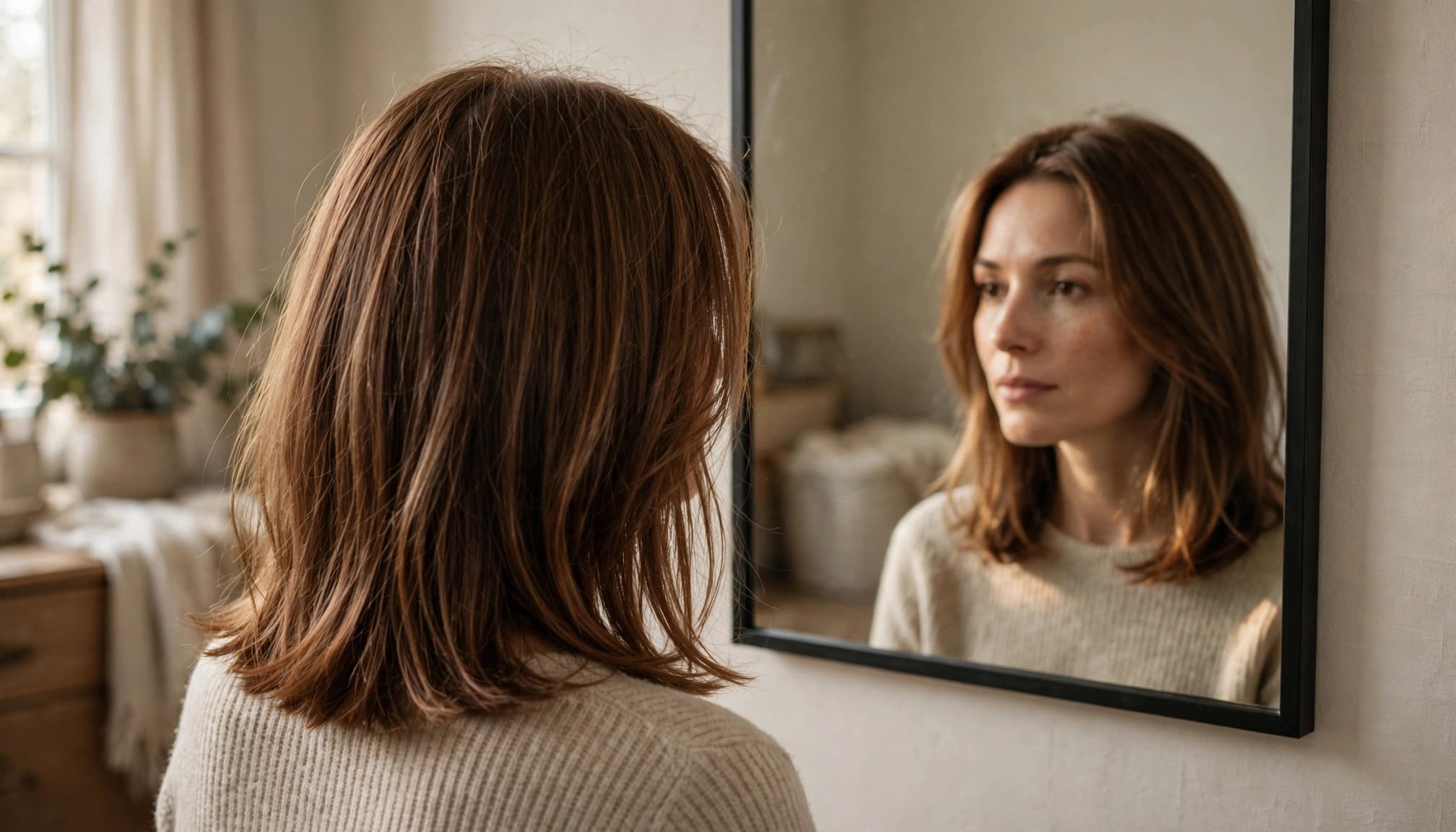 A woman checks her natural-looking chestnut hair extensions in a mirror.