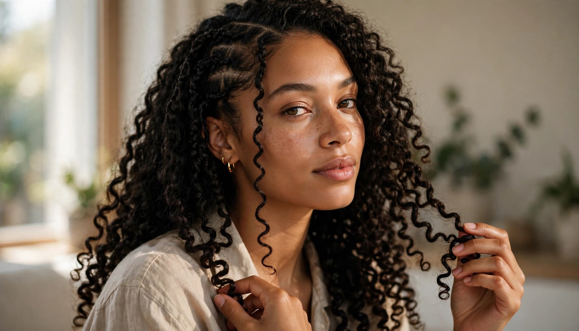 A woman gently touches the ends of her finished crochet curls.