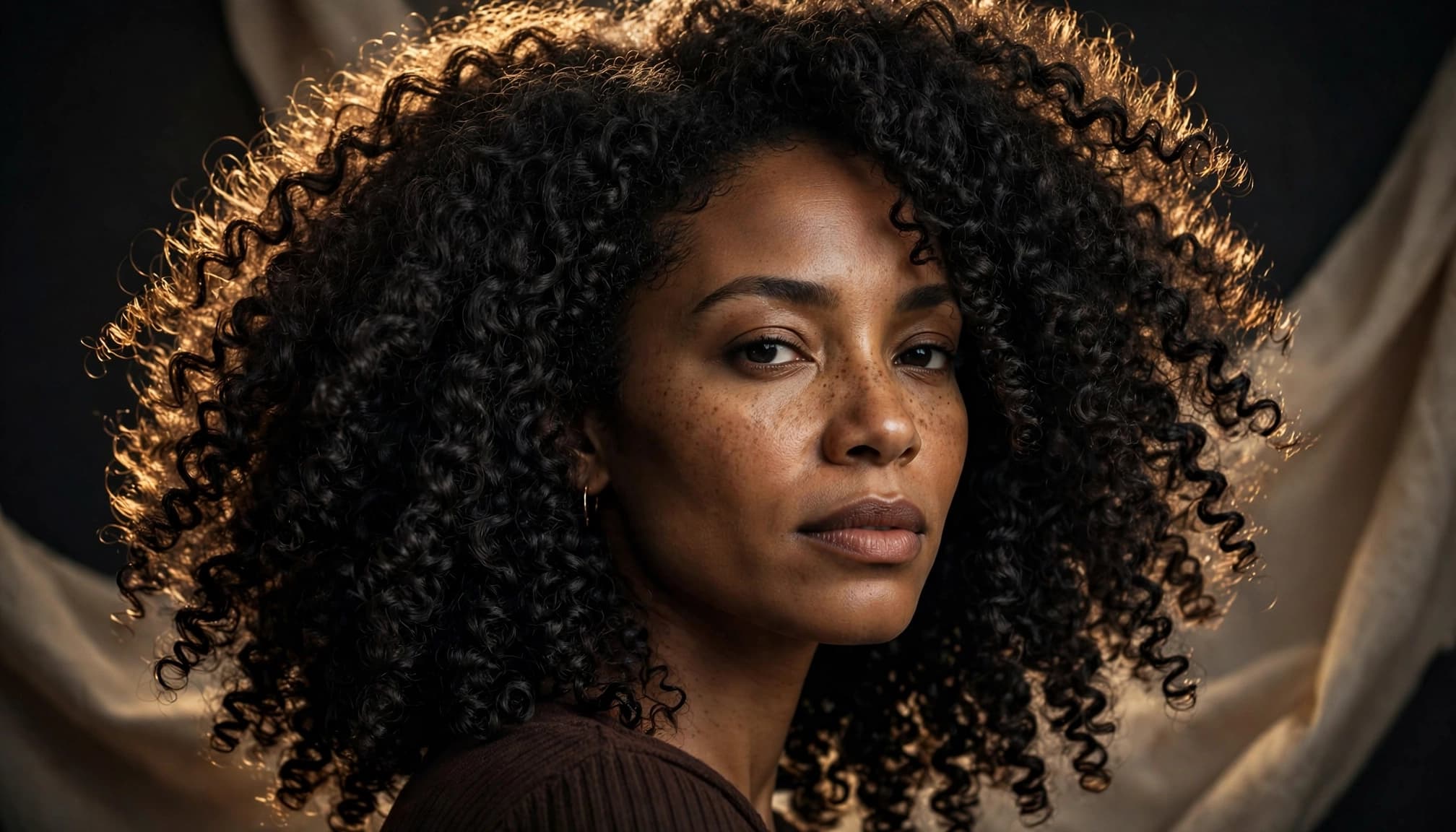 Woman with tightly coiled black curls and seamlessly blended extensions in dramatic studio light.