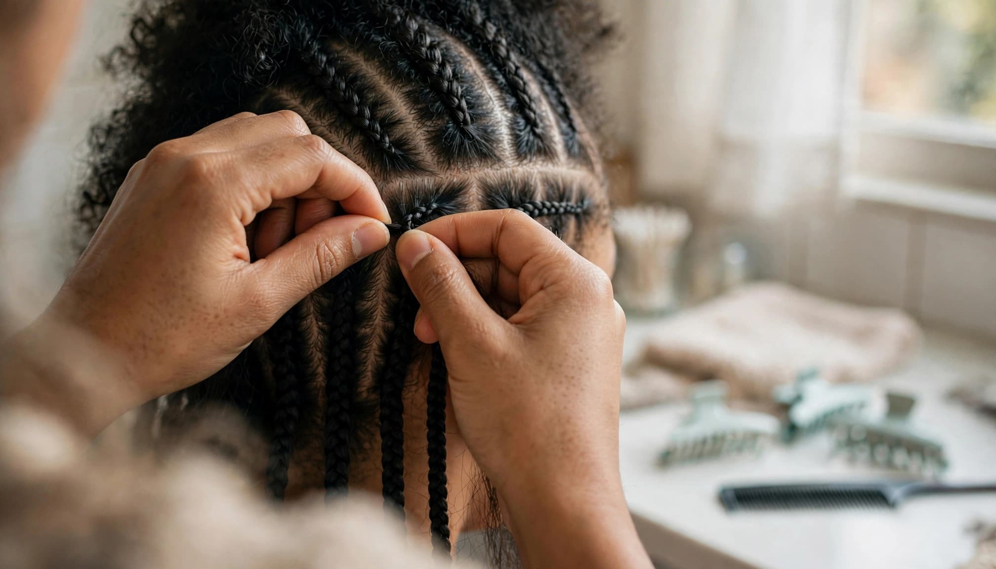 Hands braid neat cornrows into natural hair in a warmly lit bathroom.