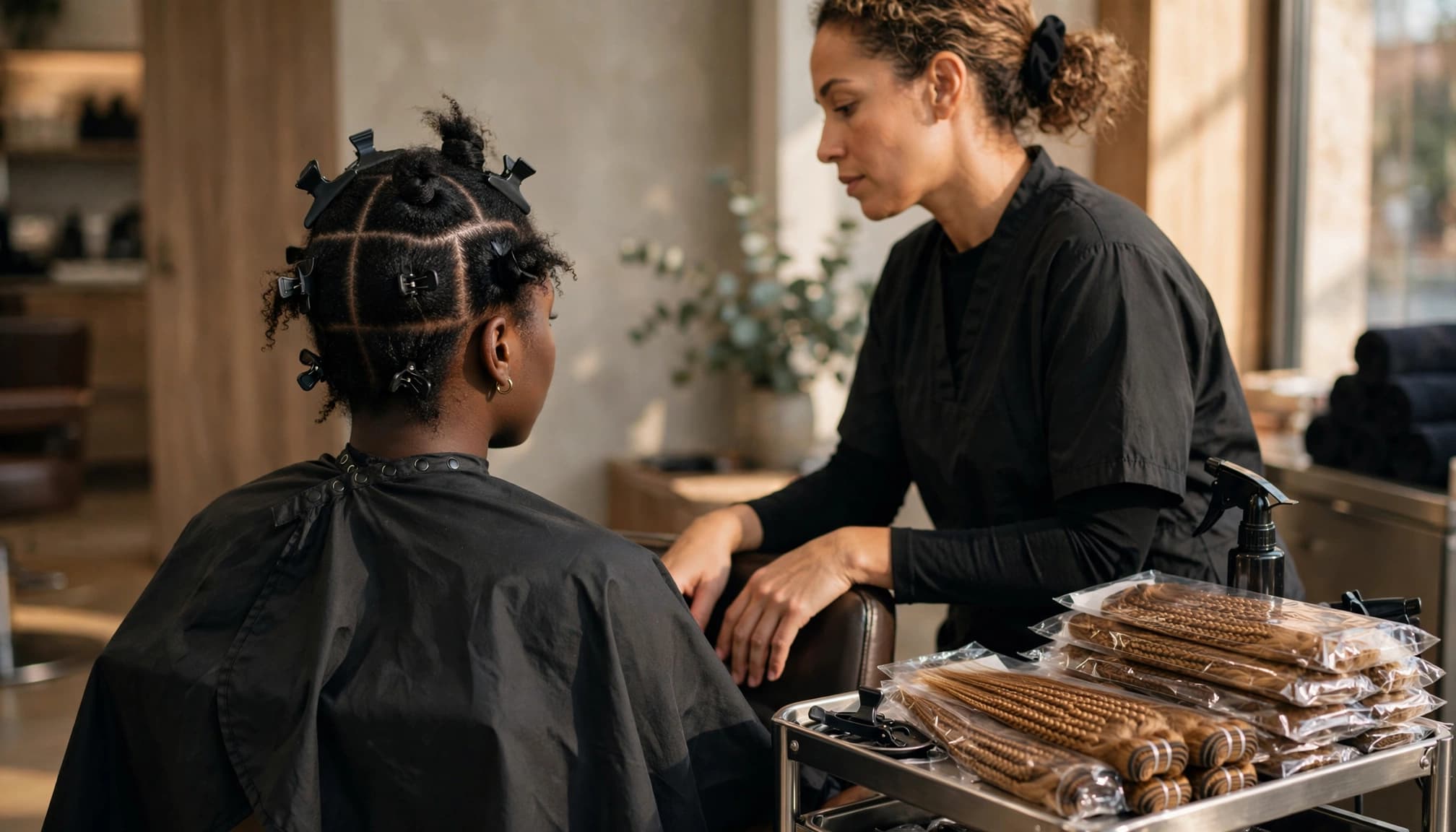 A stylist prepares sectioned natural hair beside extension bundles on a salon trolley.