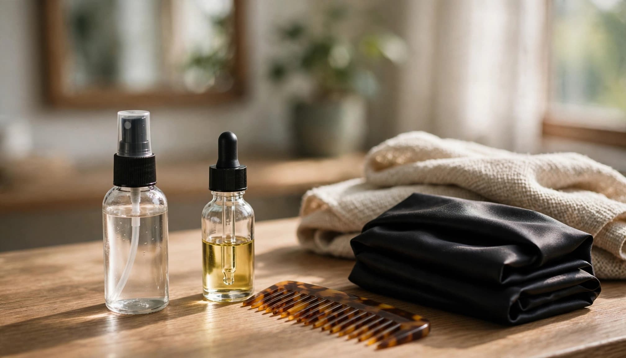 Hair care items and a folded scarf arranged on a wooden vanity.