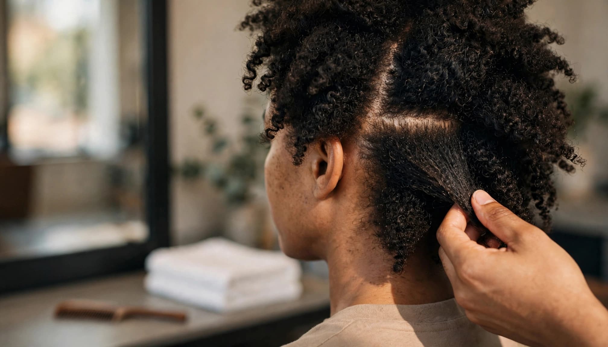 Hands gently part a seated client's coily hair in a salon.