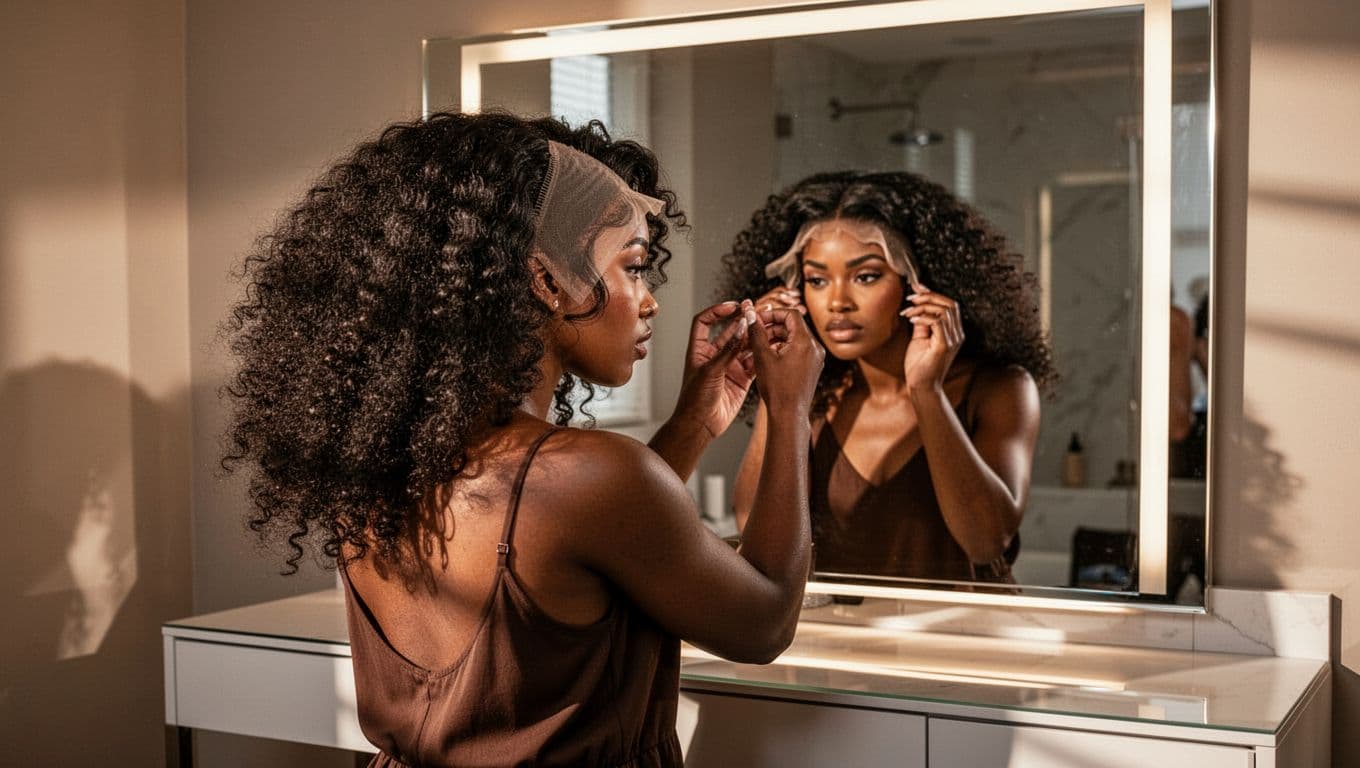 Person with textured hair trying on a lace front wig before a vanity mirror.