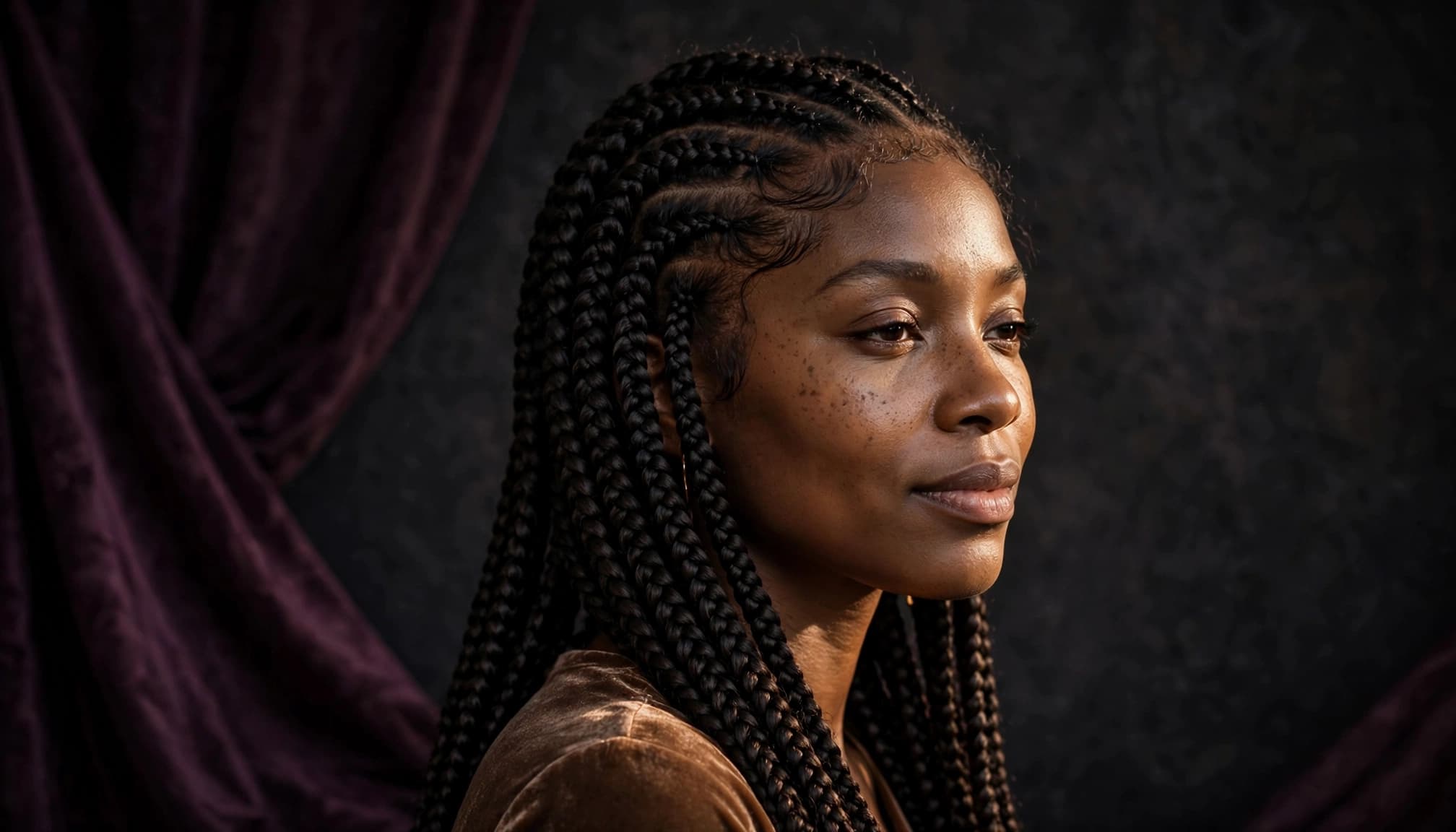 Black woman modeling a knotless box braid wig with a natural hairline.