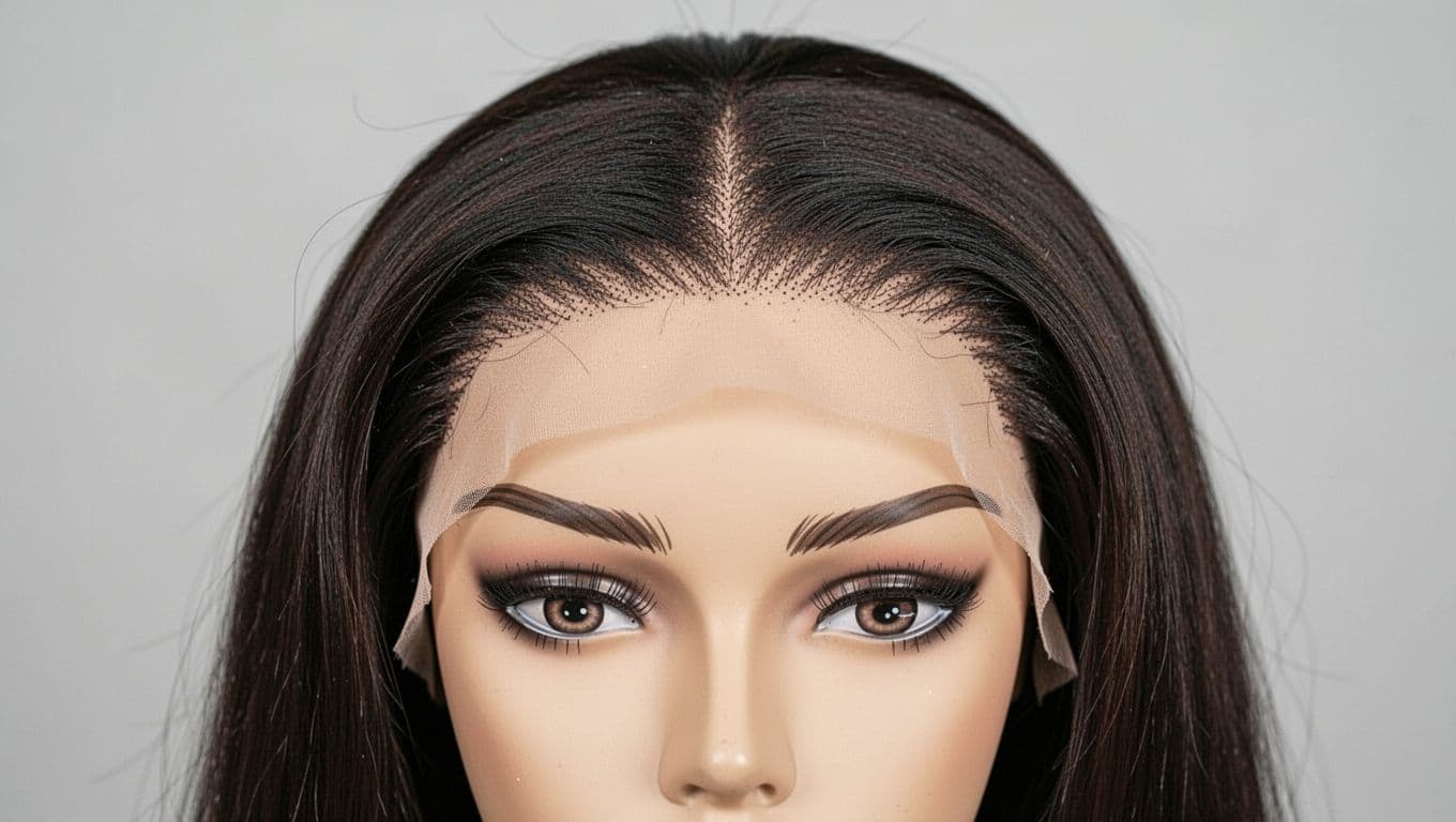 Close-up of a lace front wig with a softly graduated hairline on a mannequin head.