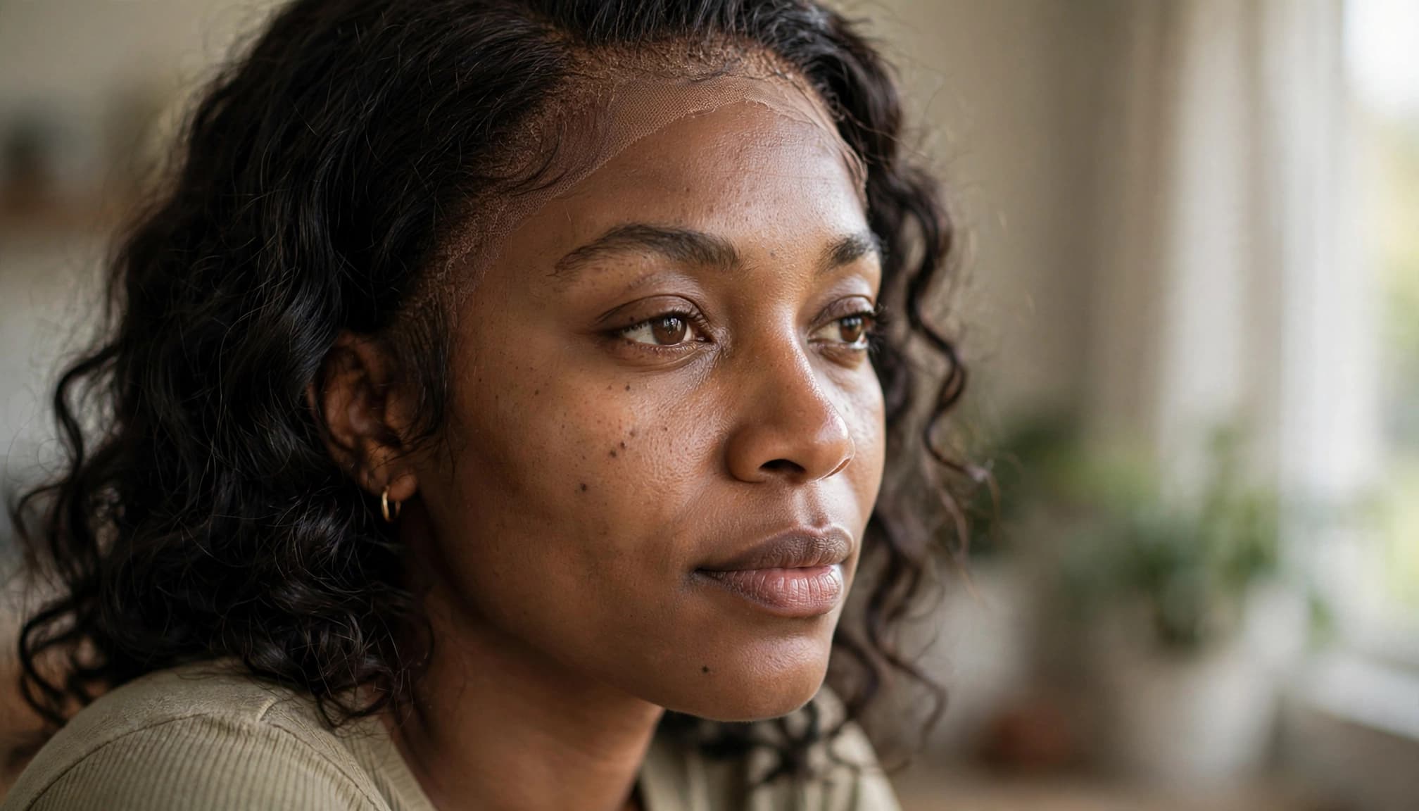 A woman with a naturally blended lace wig hairline in soft window light.