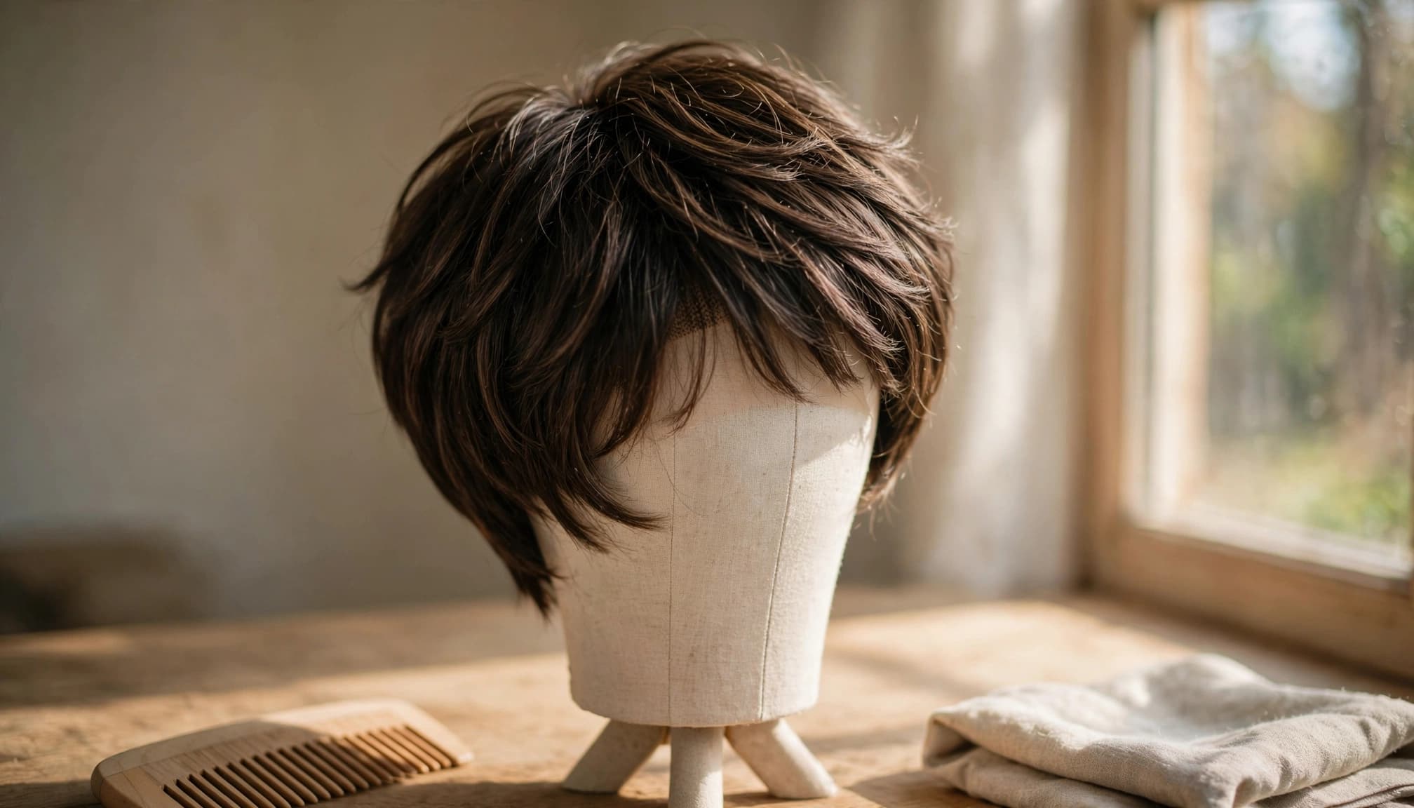 A short layered pixie wig on a stand beside a comb and scarf.