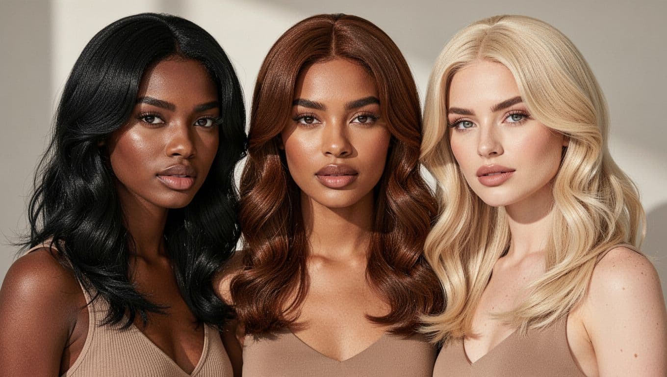 Three models wear black, brown, and blonde wigs in soft daylight.