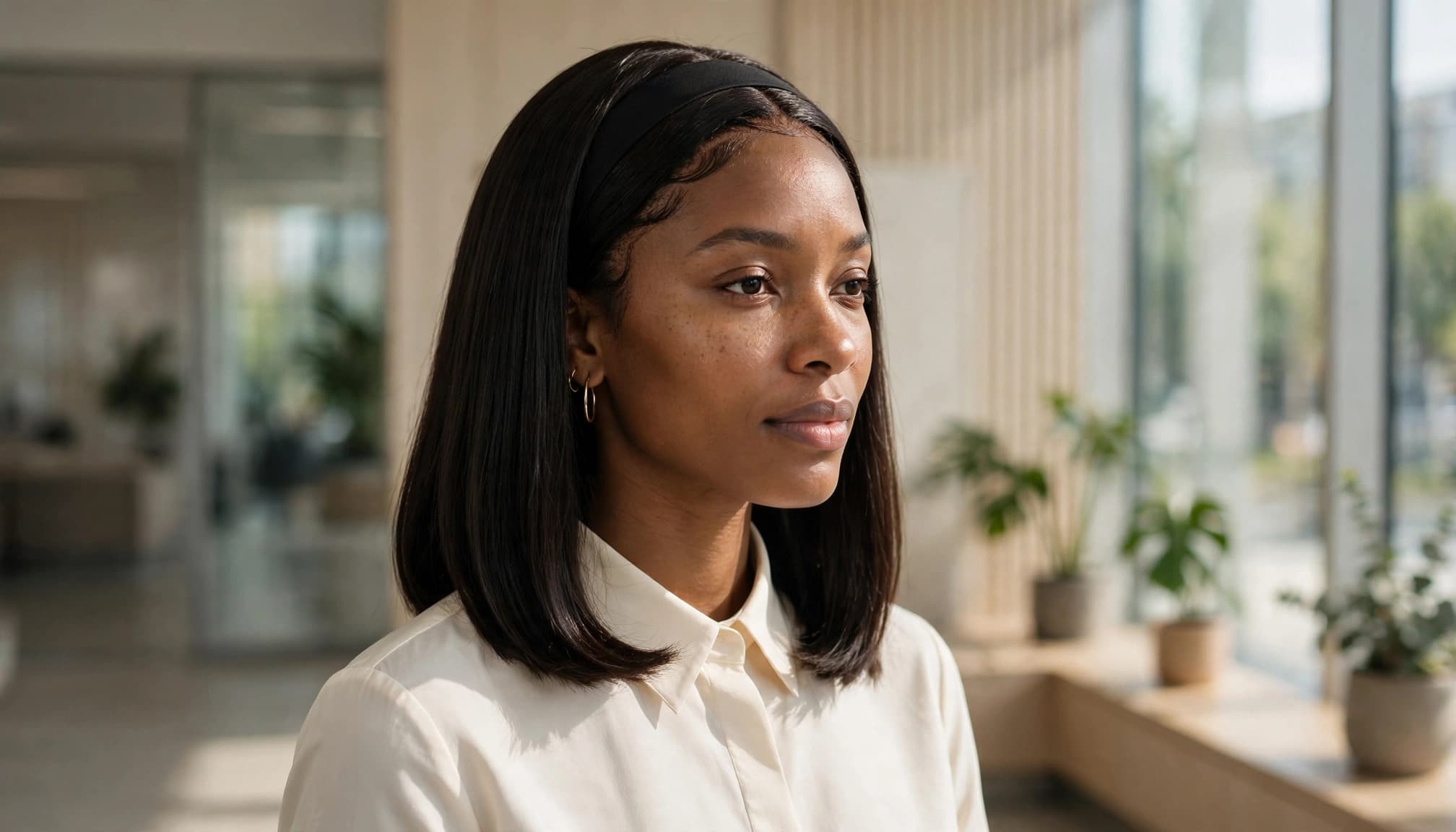 A woman in a cream blouse wears sleek straight hair with a black headband.