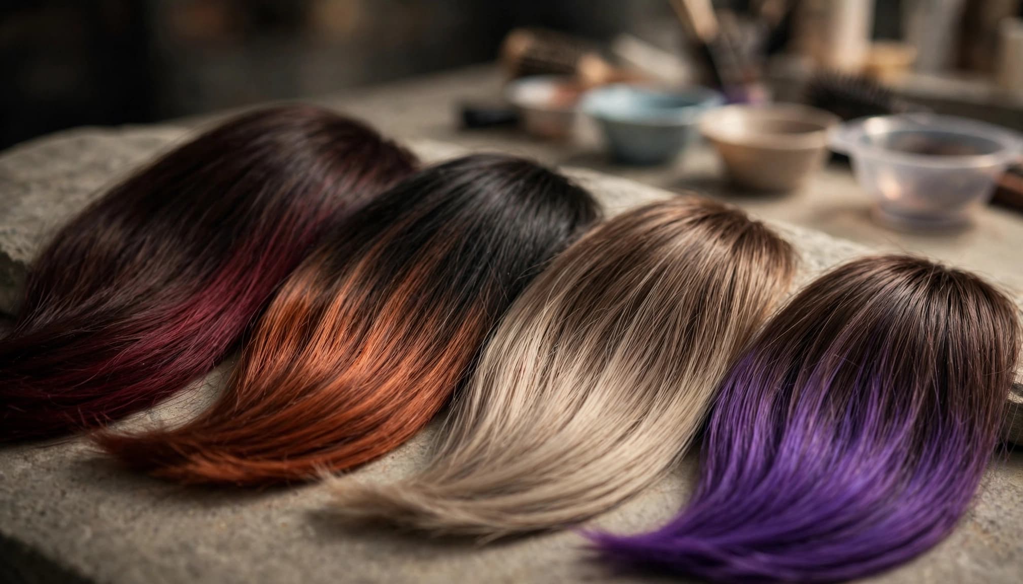 Four diagonal hair swatches show distinct ombre blends on a stone tabletop.