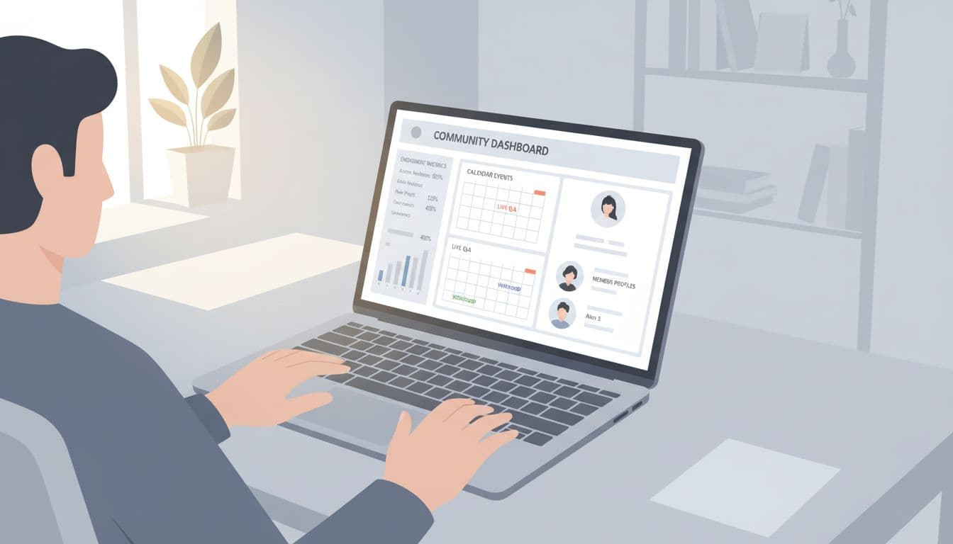 Modern illustration with clean shapes and controlled color palette showing an online course creator at a desk with laptop open to community dashboard displaying engagement metrics, calendar events, and member profiles. Soft natural lighting focuses on the screen and relaxed hands on keyboard, one person only, no text, logos, or watermarks.