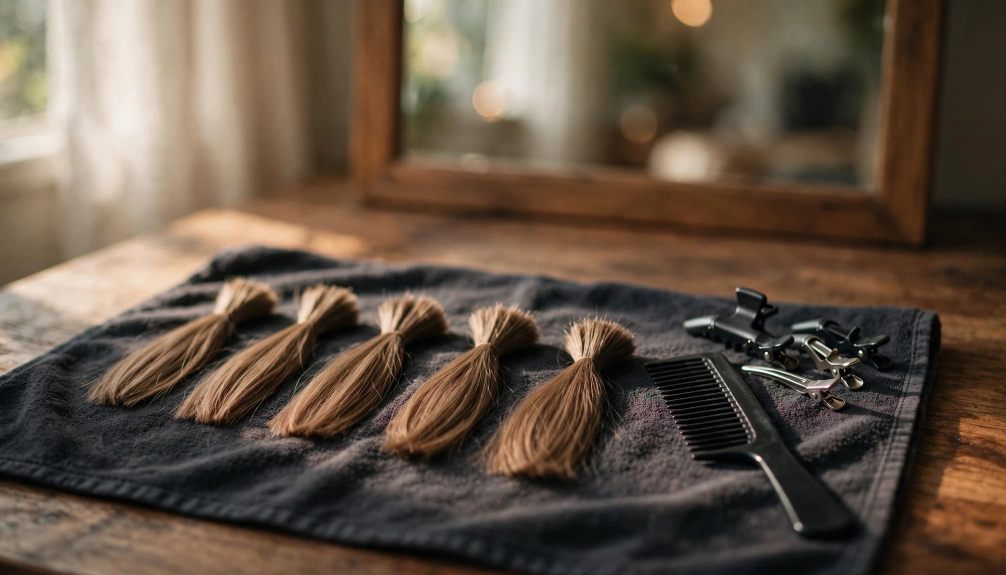 Separated bundles of synthetic hair extensions rest on a dark towel with a comb and clips.