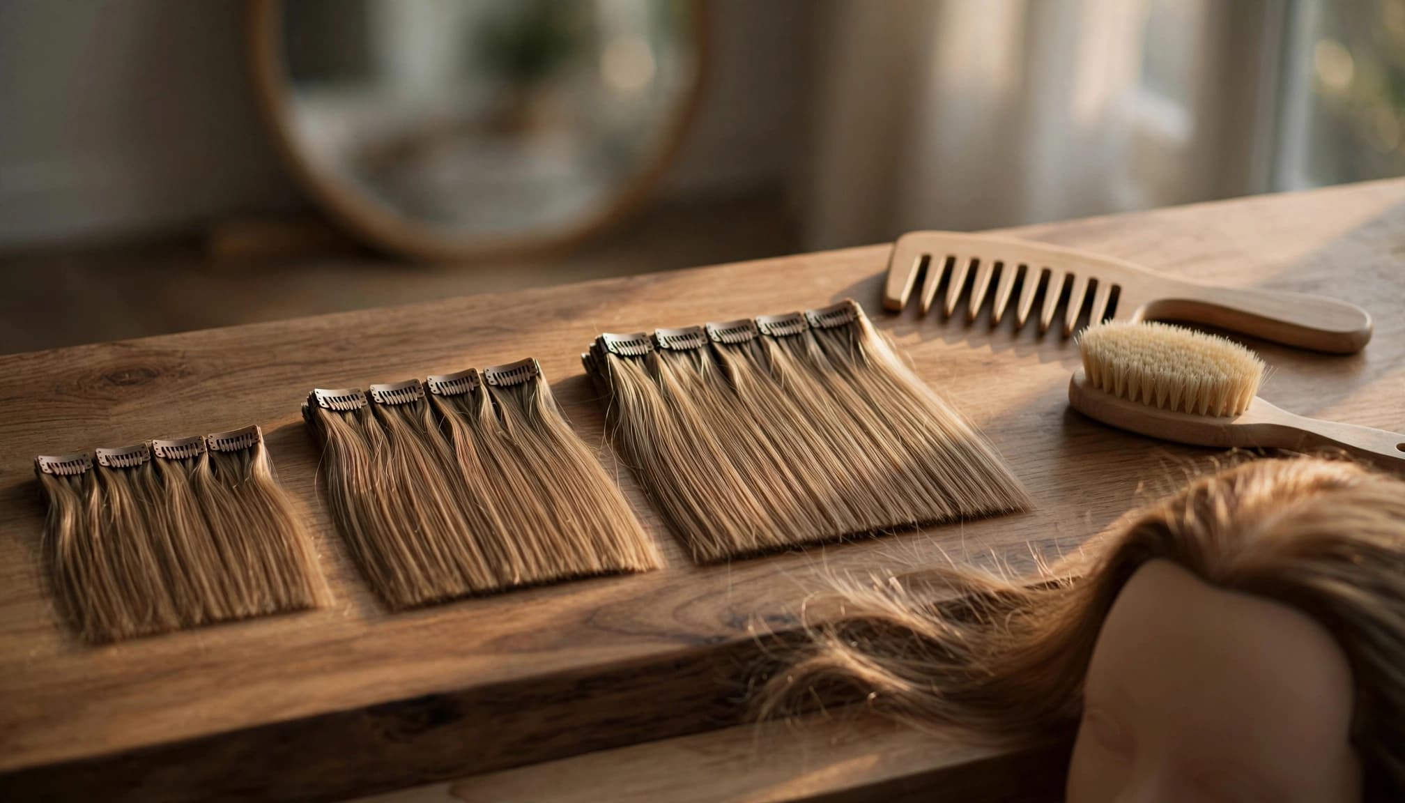 Hair extension wefts, a comb, and a brush arranged beside a mannequin head.