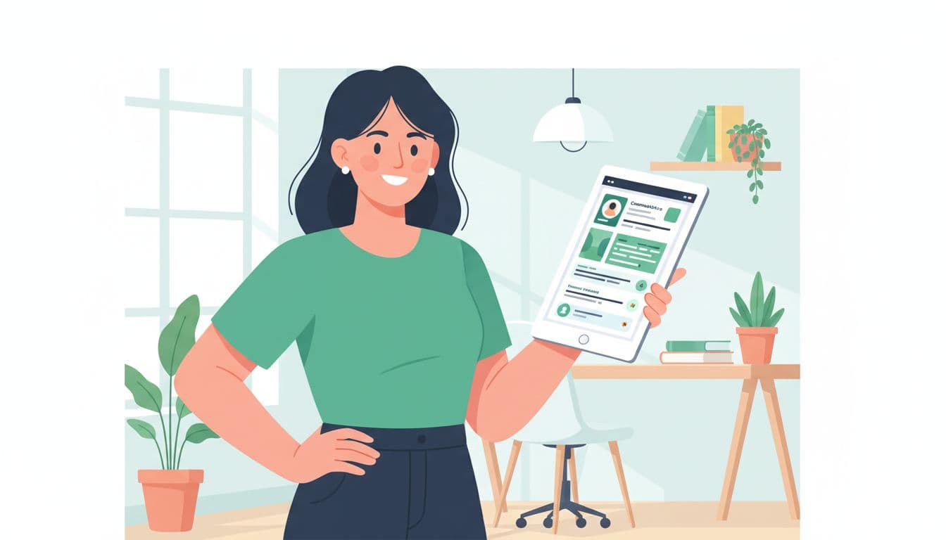 A smiling coach holds a tablet displaying the organized Skool community dashboard in a bright home office, with subtle views of engaging threads and courses in green success tones, rendered in modern illustration style.