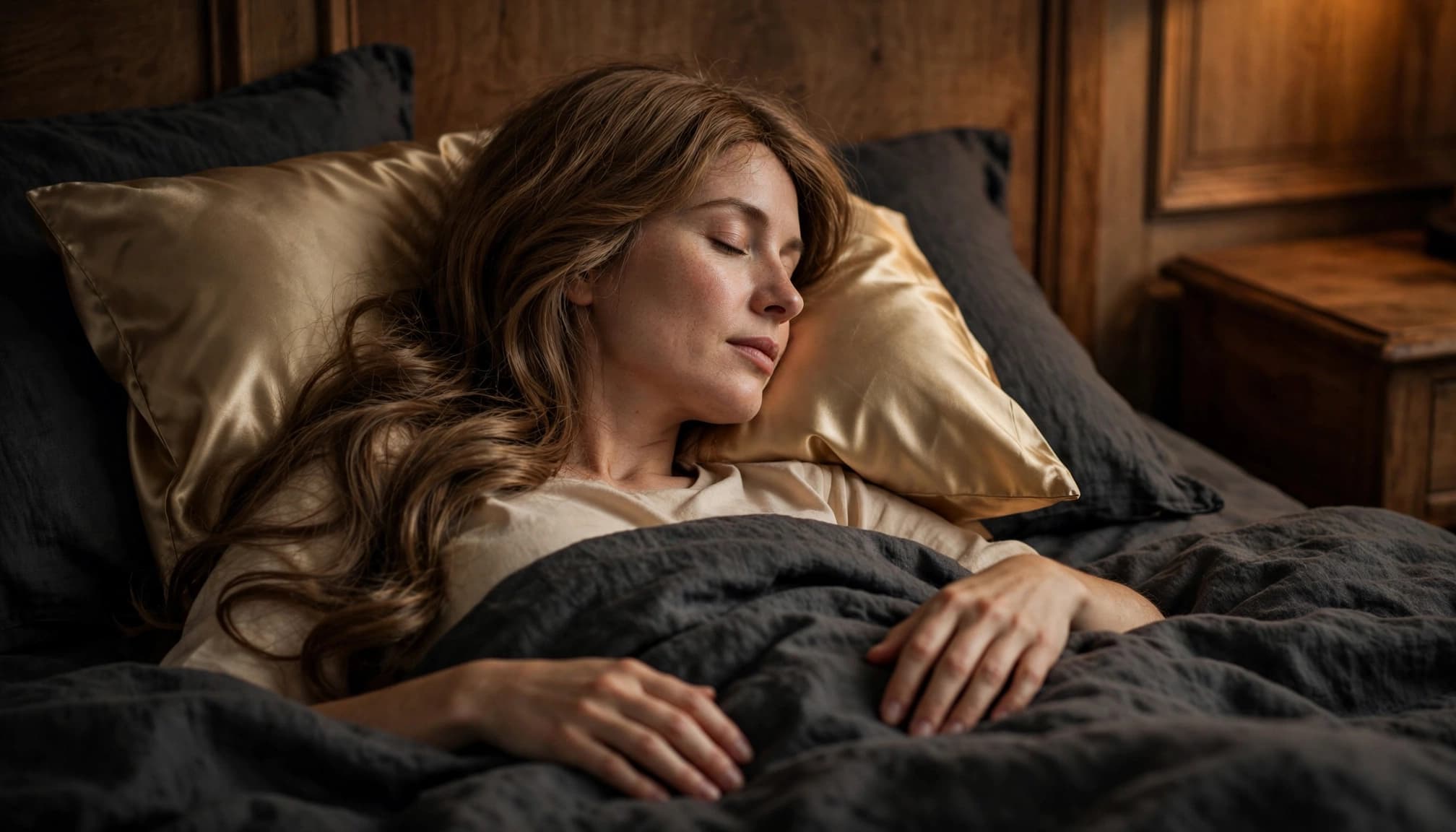 Woman resting in bed with a loose wig, charcoal bedding, and a satin pillowcase.