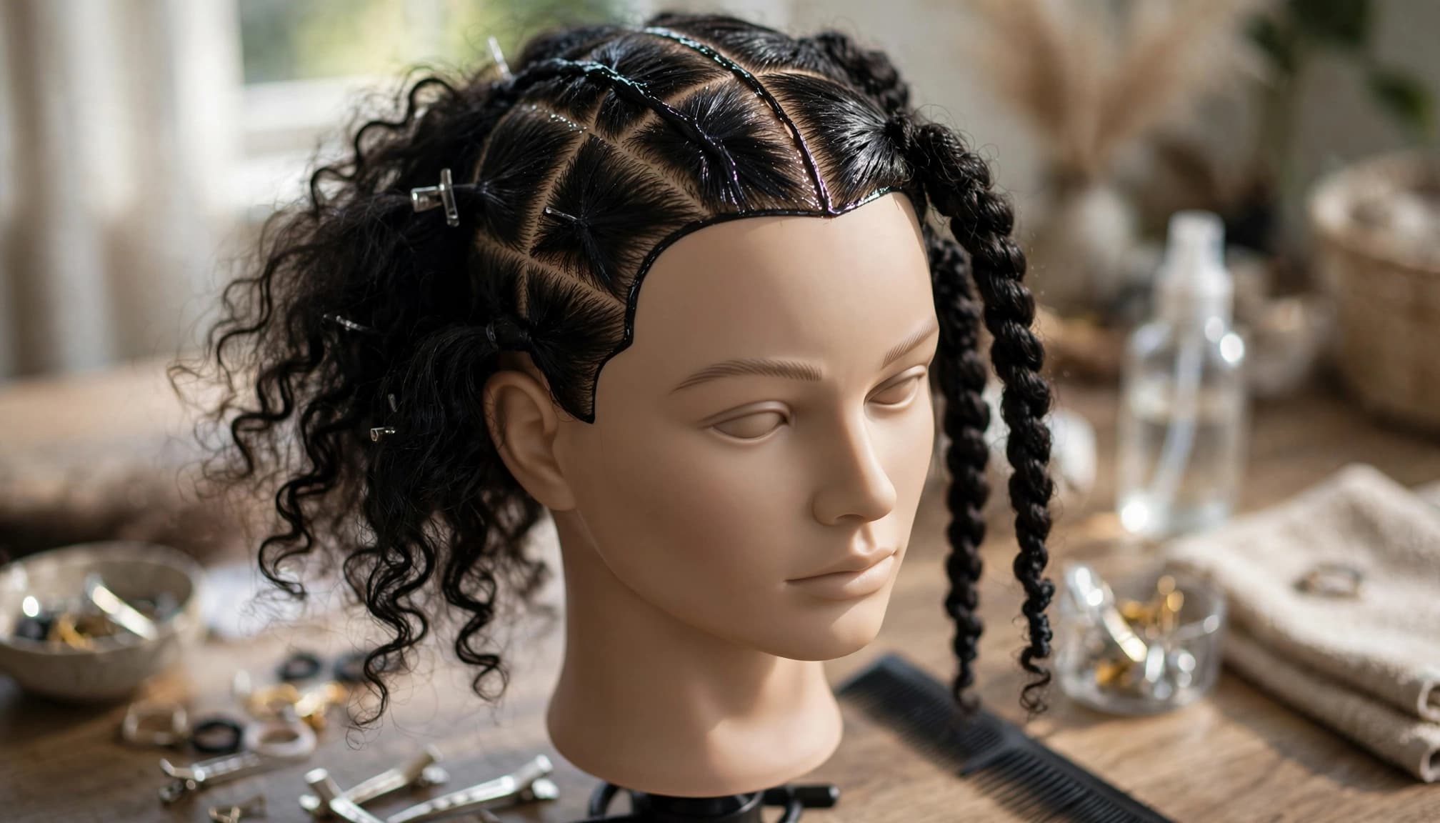 A mannequin head with sectioned dark curly hair and passion twists on a wooden table.