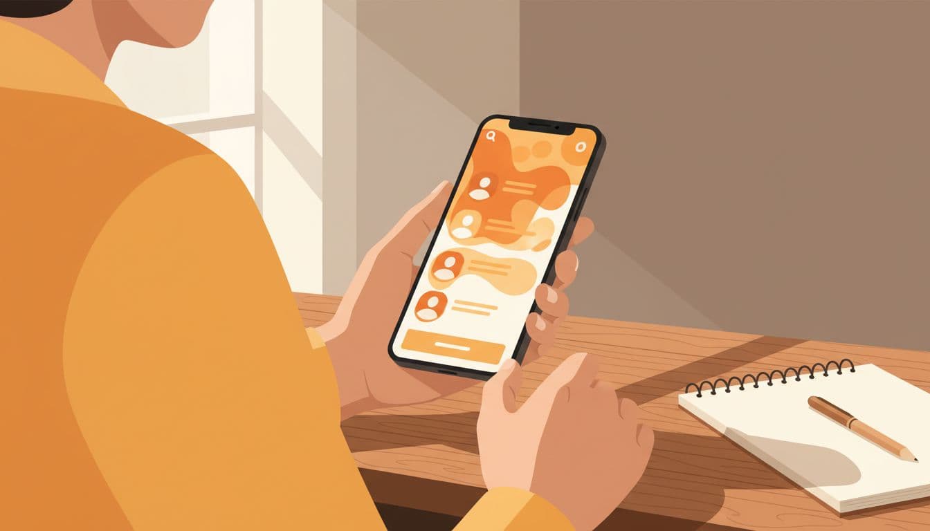 Modern illustration of a single person comfortably holding a smartphone displaying a community app feed at an angle on a wooden desk with notebook nearby, using warm oranges and yellows.