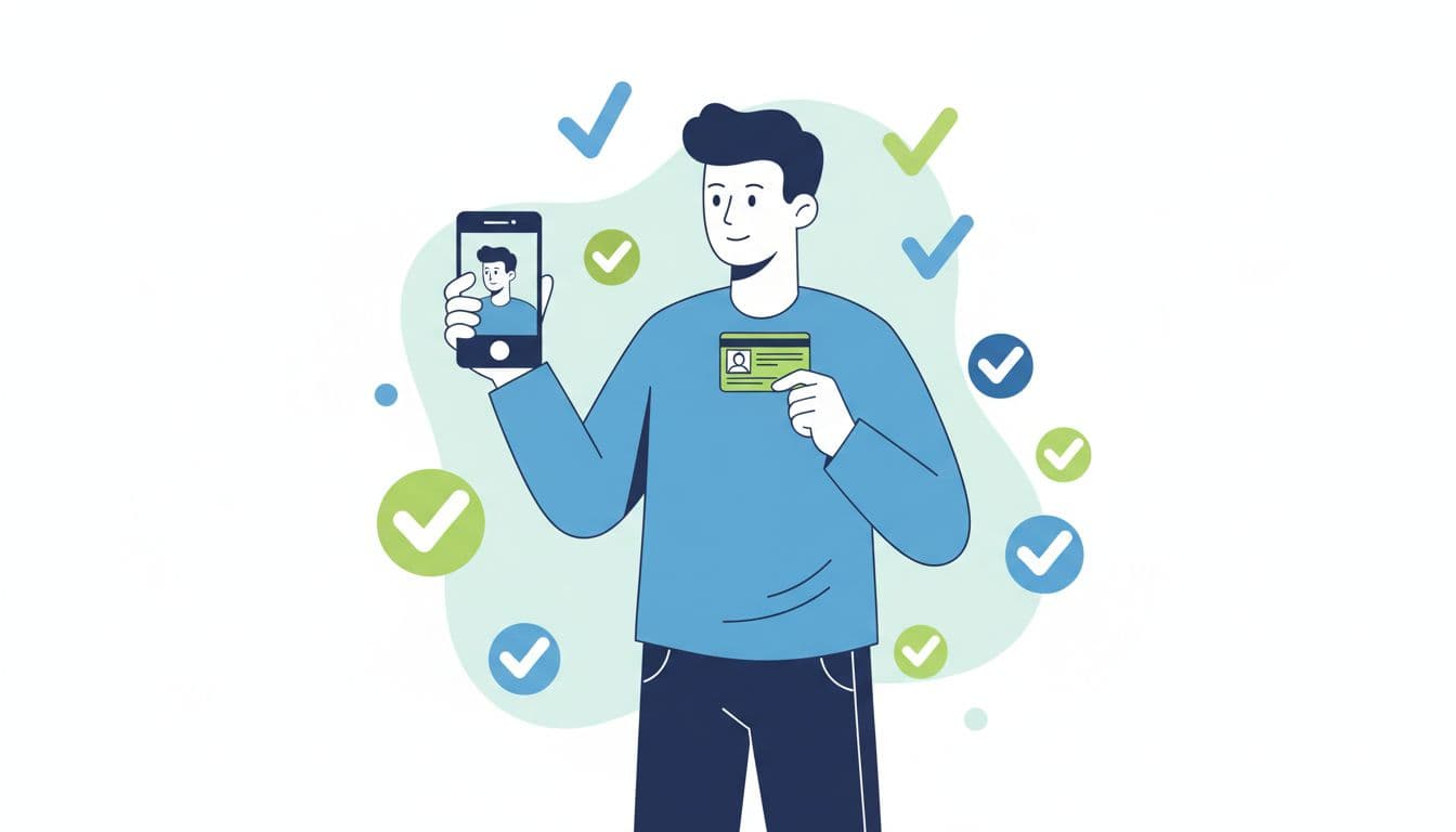 Modern illustration of one person standing relaxed with phone in hand taking ID selfie for bank account verification, clean blues-greens palette, simple background with floating checkmark icons.