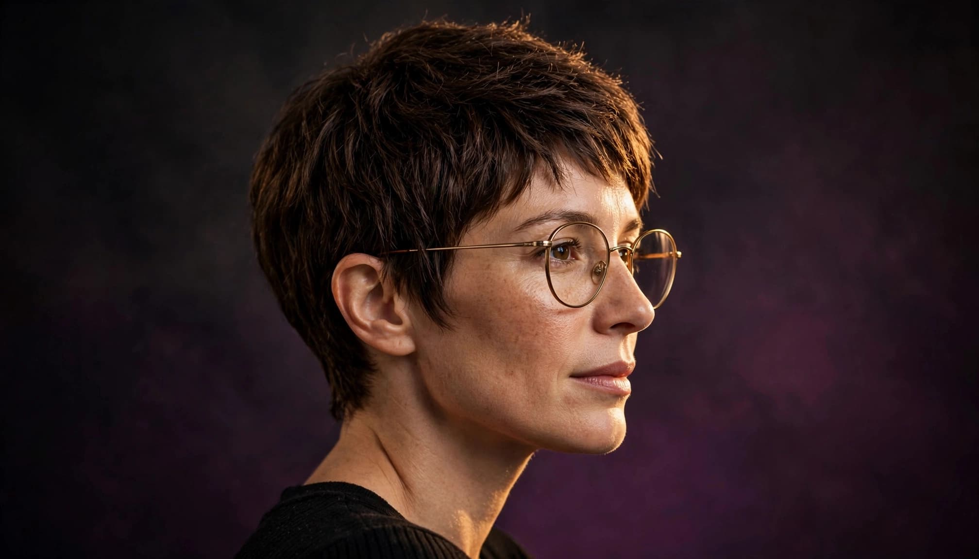 Woman in round glasses wearing a tapered pixie wig with clear space around her ears.