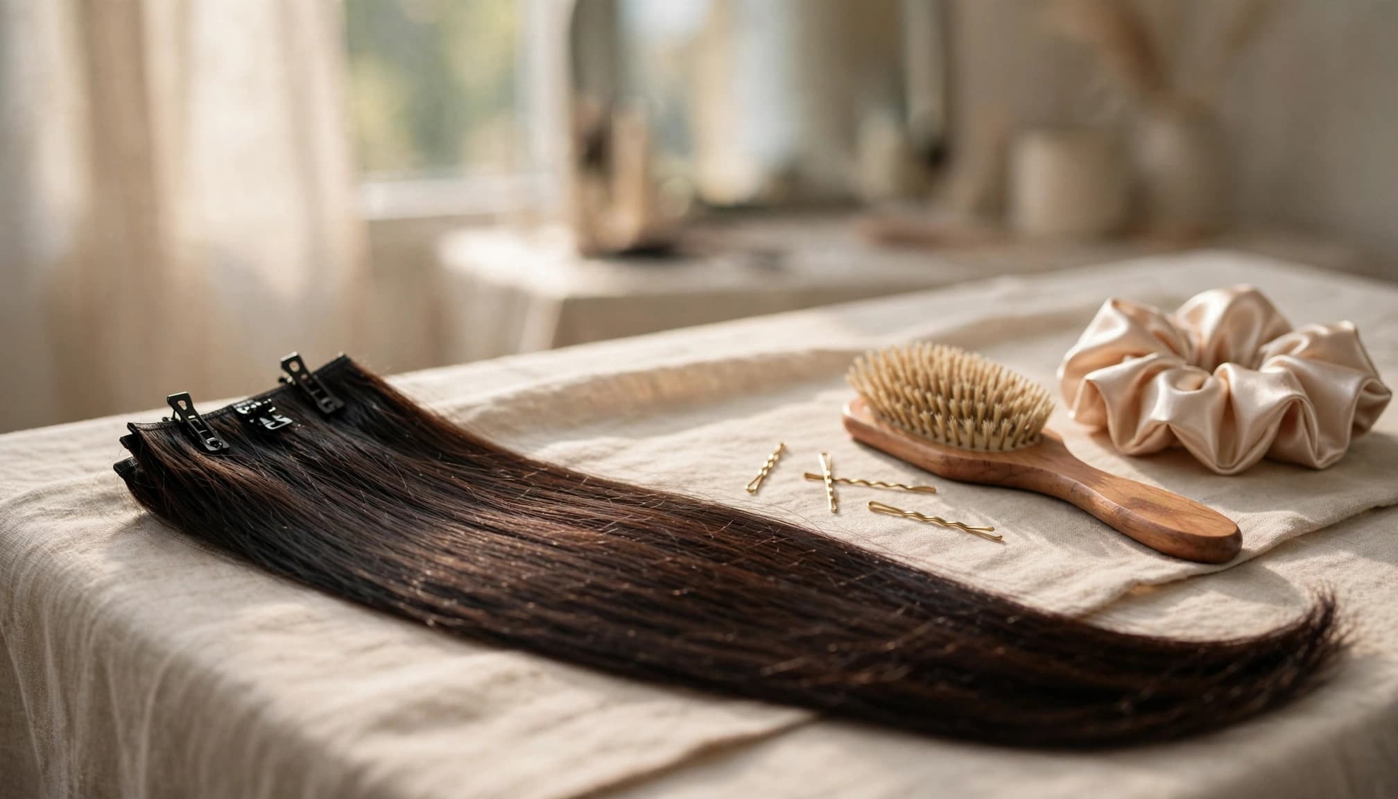 A dark ponytail extension rests beside a brush, hair pins, and a satin scrunchie.