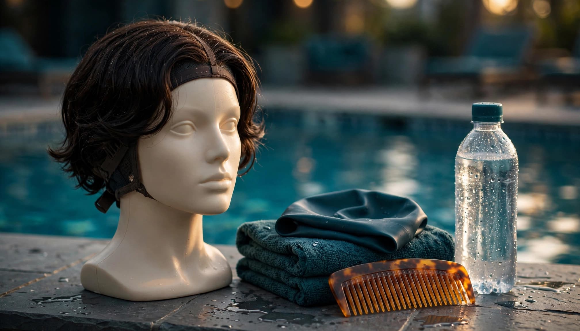 Swim wig and care accessories arranged on a poolside bench.