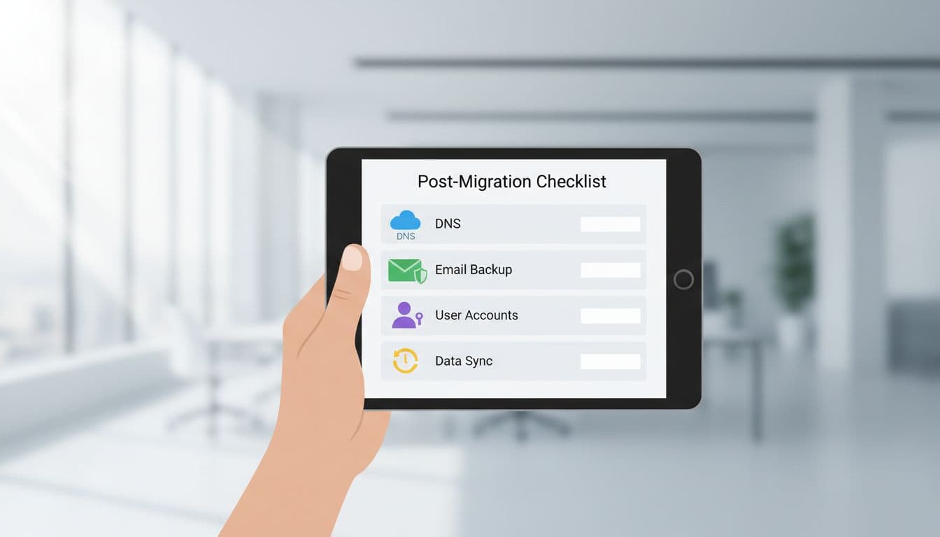 Modern illustration of a hand holding a digital tablet displaying a post-migration checklist with icons for DNS records, email backup, and user accounts in a clean modern office setting. Focused composition with soft natural lighting, clean shapes, and controlled colors; no text, watermarks, or extra elements.