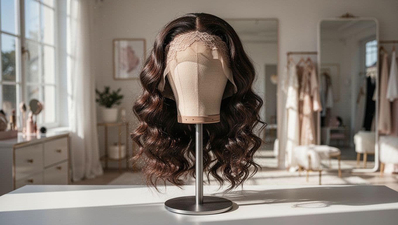 A lace-front wig displayed on a simple stand in a bright dressing room.