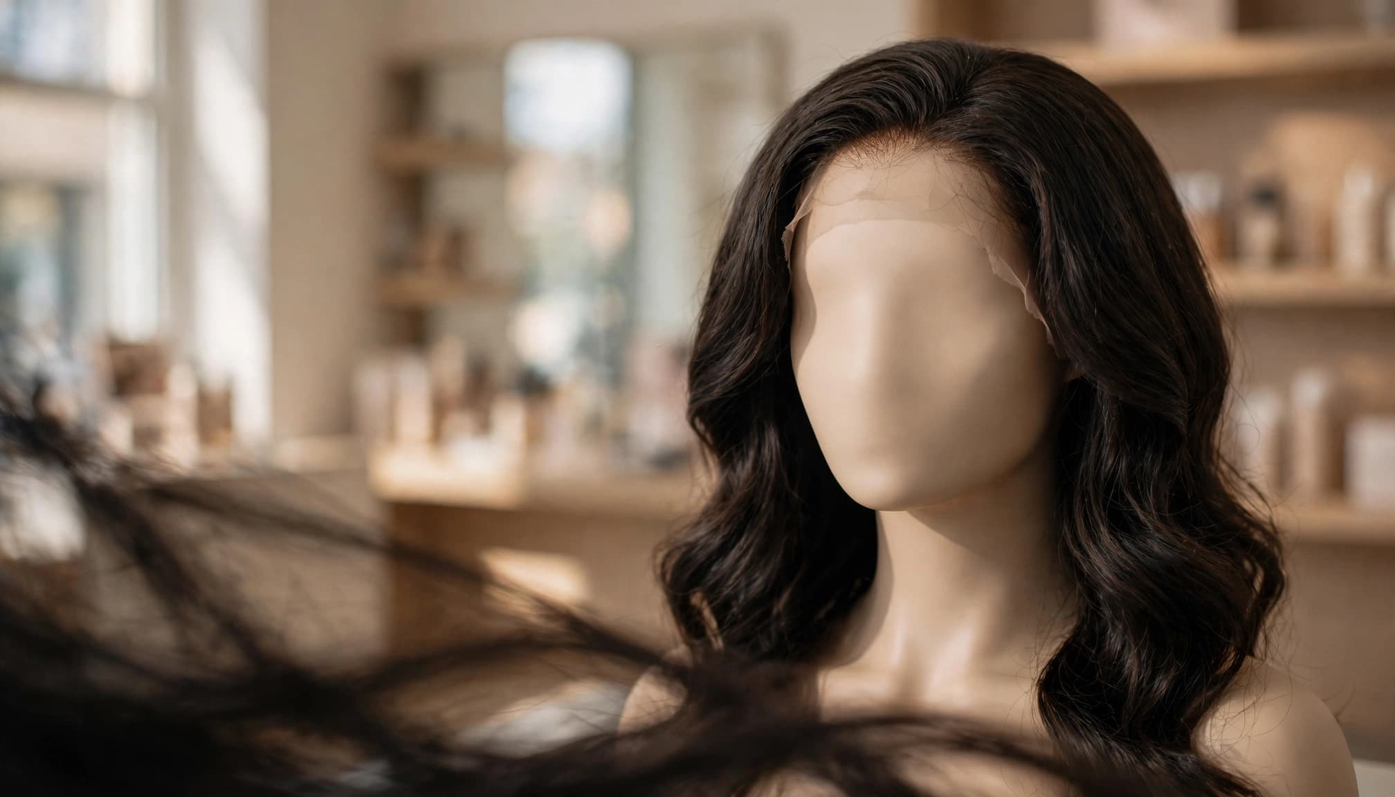 A dark wavy wig on a mannequin head in a softly lit beauty showroom.