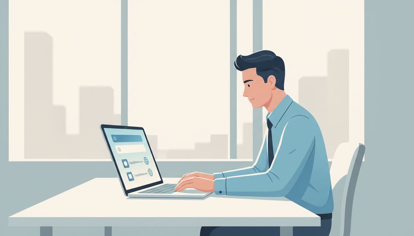 Modern illustration of a focused professional at a desk using a laptop with a simplified domain search tool displaying abstract email pattern icons, emphasizing visual discovery of company email formats in a clean office setting.