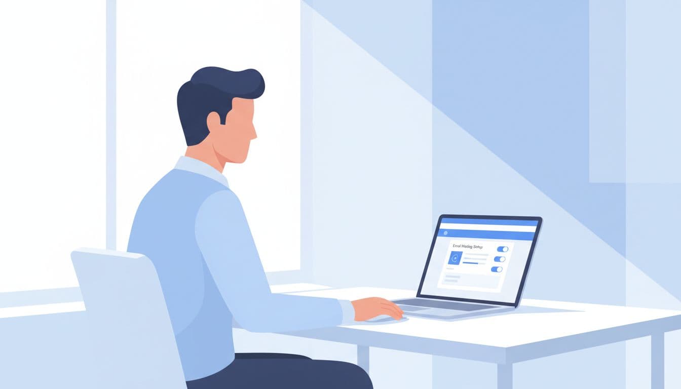Modern illustration of a business professional at a clean desk configuring email hosting in the Google Workspace admin console on a laptop screen from a side angle with bright natural light and clean blue-white palette.