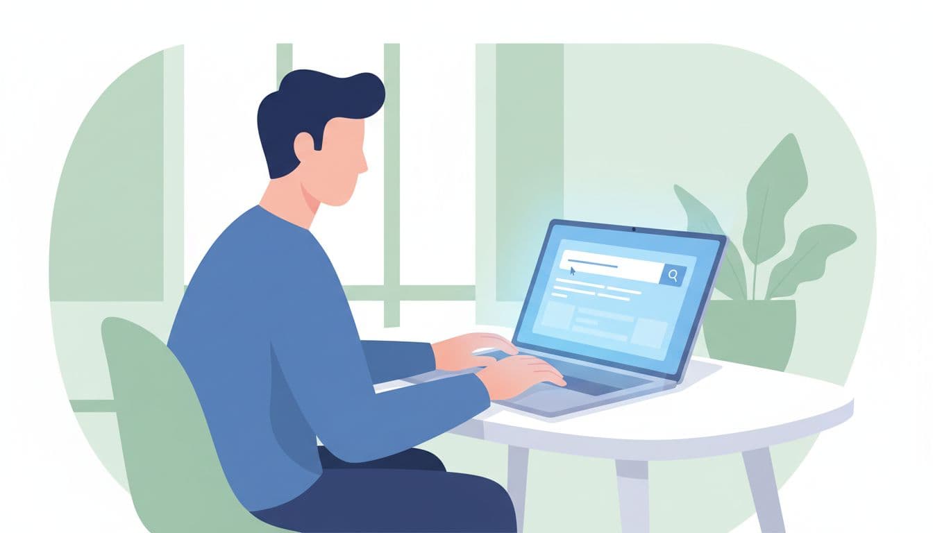 Modern illustration of a focused professional at a modern office desk with laptop open, typing a company domain into an email search tool interface, using clean shapes, blue and green palette, soft lighting.